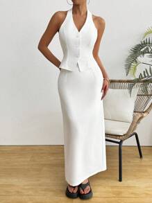 INAWLY 2pcs/Set Women Holiday Solid Color Single-Breasted Halter Top & A-Line Skirt Casual Outfit - White - View 5
