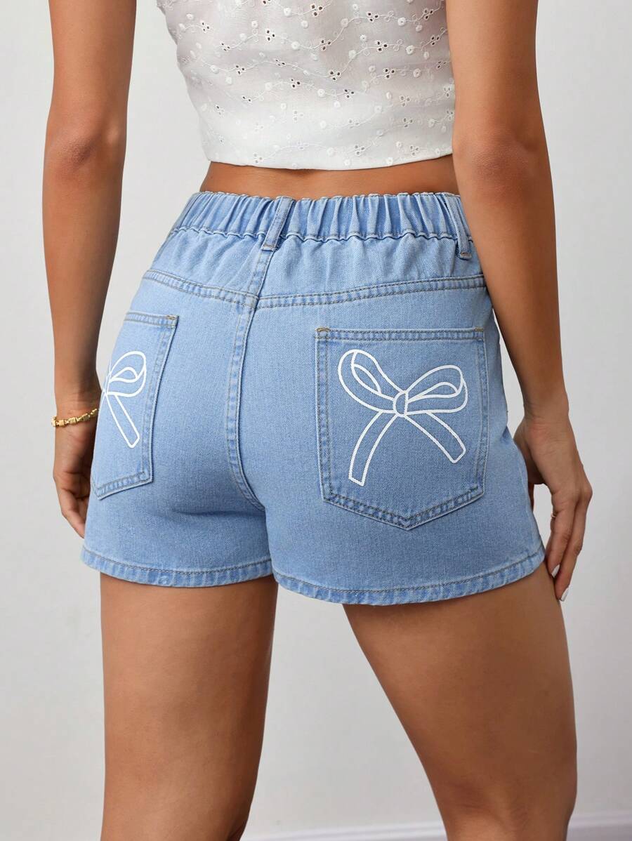 SHEIN Tall 女士牛仔短裤，休闲修身款式，带蝴蝶结细节，蓝色