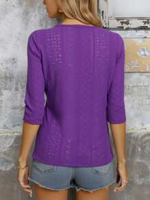 Camiseta de manga media con encaje y tejido jacquard para mujer - Morado - Ver 2