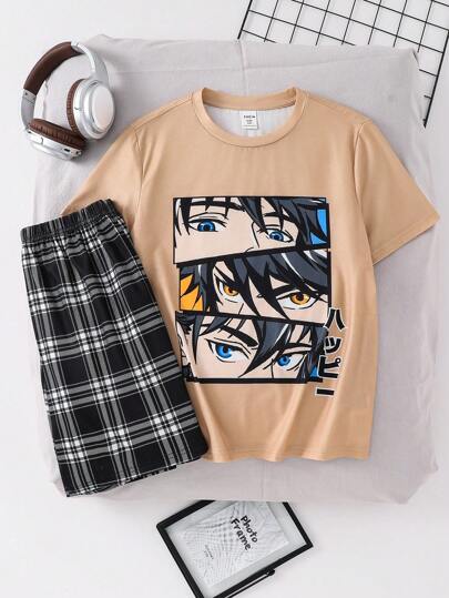 SHEIN 2 件装 Tween Boy 卡通印花圆领短袖 T 恤和格子短裤套装，休闲宽松阻燃睡衣，适合户外和家居穿着，舒适的家居服