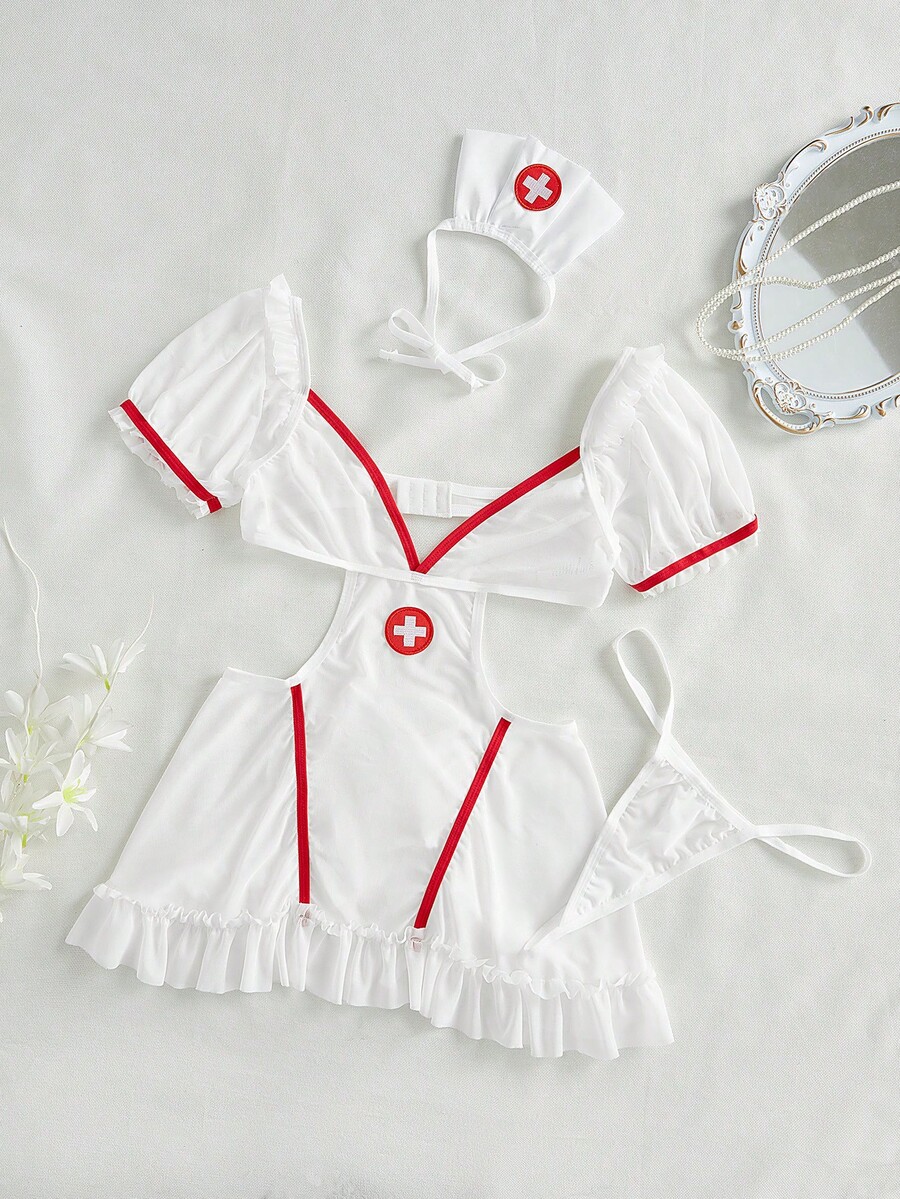 SHEIN زي أداء جنسي مثير بموضوع التمريض للسيدات بمقاس زائد - أبيض - مشاهدة 1