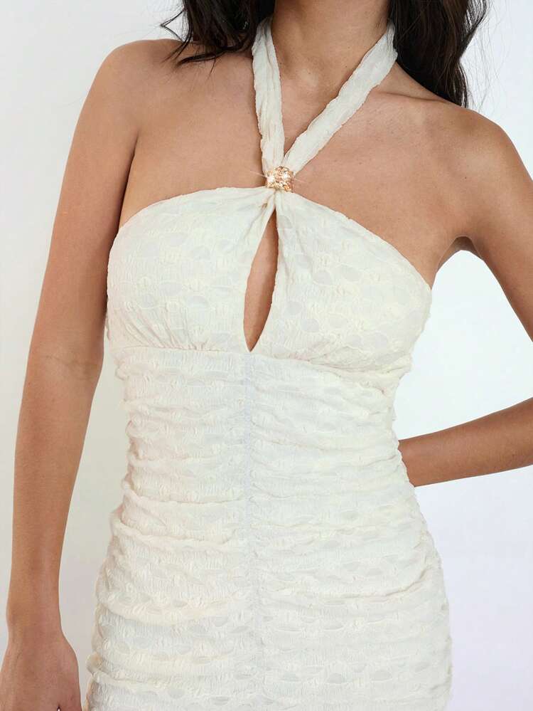 SHEIN Maija 2015 Summer New Fashionable Elegant Business Casual Graduation Season Brunch Wedding Guest Everyday Versatile Textured Lace Ruched Halter Front Metal Decor Tie Bowknot Bohemian Holiday Sexy Mini Dress