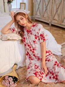 CottageSlumber Red Floral Print Ruffle Hem Bubble Wrinkle Women Nightdress - Apricot - View 6