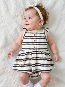 SHEIN Playful Pals Baby Girls' Casual Cute Knit Striped Soft Ruffle One-Piece Bodysuit, Suitable For Spring/Summer Outings And Everyday Wear - Apricot - View 1