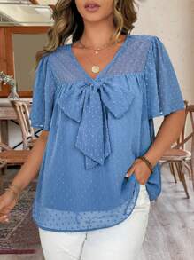 SHEIN LUNE 大码女式 3D 镂空纹理前系带大码休闲优雅短袖衬衫 - 霧霾藍 - 查看 5