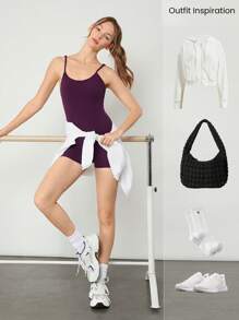 GLOWMODE 2.5" FeatherFit™ Full Flex Tummy Control Convertible Back Straps Romper Bodysuit With Side Pockets Yoga Pilates - Cherry Cola - View 7