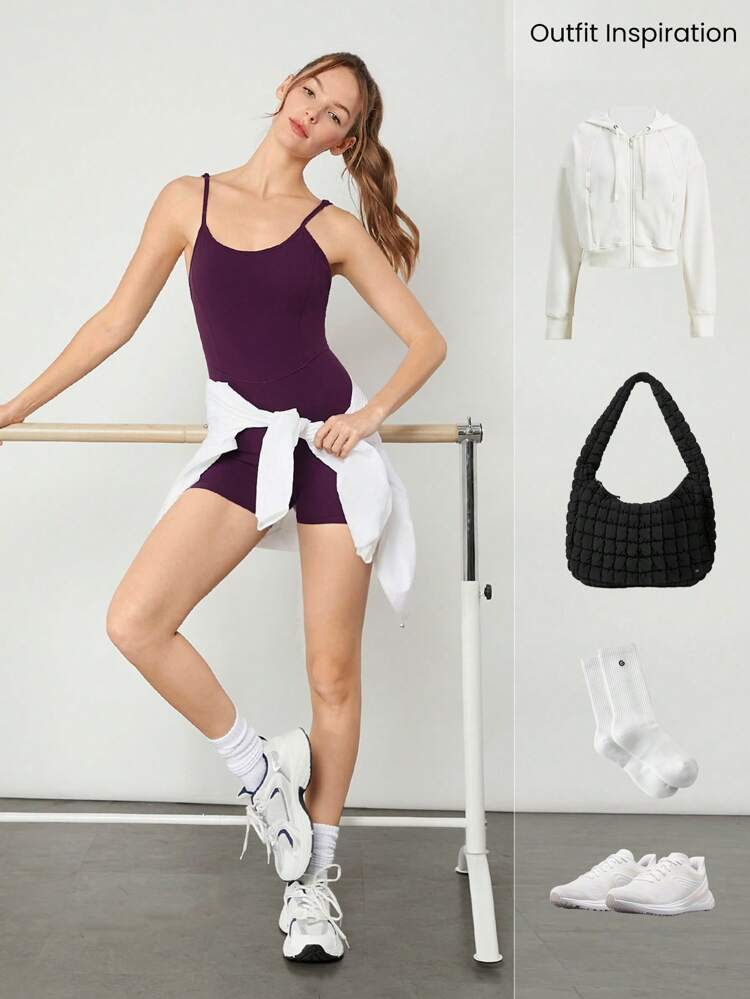 2.5" FeatherFit™ Full Flex Tummy Control Convertible Back Straps Romper Bodysuit With Side Pockets Removable Cups Low Impact Yoga Pilates Studio Daily Casual Wear