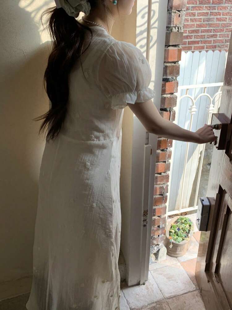 Women's Solid Color Chiffon Tie Waist Puff Sleeve Long Dress, Summer,Casual Women Dresses Prom Dress