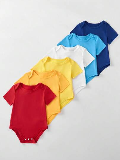 SHEIN Playful Pals 6pcs Newborn Baby Boys Cute Multicolor Casual Daily Wear Short Sleeve Bodysuits, Suitable For Summer