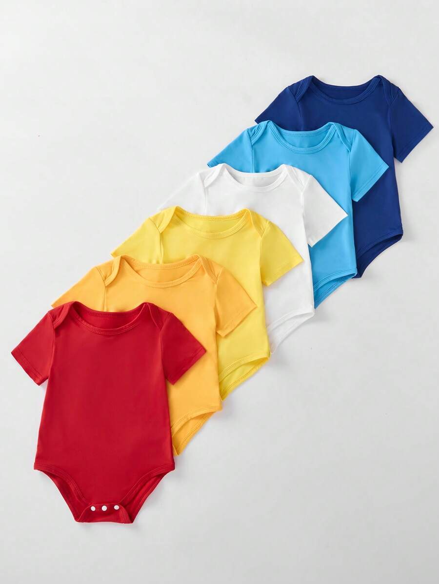 SHEIN Playful Pals 6 件装新生男婴可爱多色休闲日常穿着短袖连体衣，适合夏季 - 彩色 - 查看 1