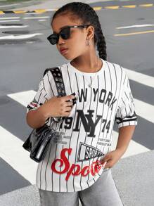 Girls Streetwear Casual Versatile Sports American Team Baseball Striped Graffiti Oversized Short Sleeve Crew Neck T-Shirt,Holiday,Summer,Travel - White - View 4