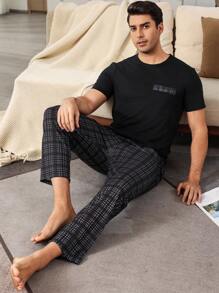 SHEIN 男士格子口袋短袖睡衣套装 - 黑色 - 查看 3