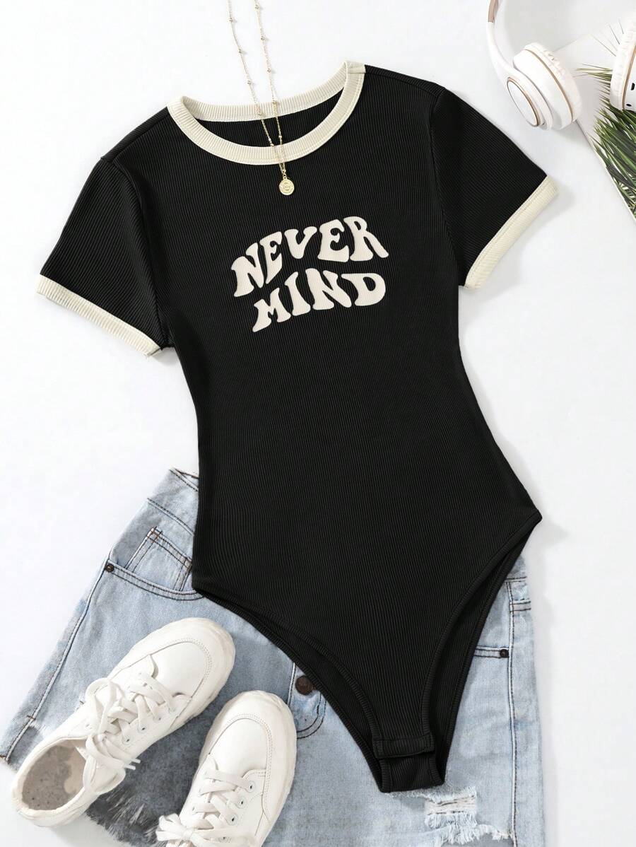 SHEIN EZwear 大码夏季撞色字母图案针织连体衣