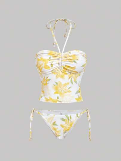 SHEIN MOD بيكيني من قطعتين بطبعة زهرية، علوي بياقة مزموم على الرقبة وسفلي مثلث مربوط من الجانب