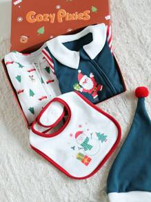 Cozy Pixies 5pcs/Set Baby Girl Christmas Element Pattern Contrast Color Romper, Pants, Hat, Gloves, Bib Gift Box Set