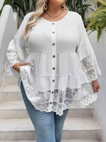 SHEIN CURVE+ Plus Size Women's 3/4 Sleeve Lace Patchwork Loose White Shirt, Suitable For Casual Vacation, Boho Beach - White - View 4