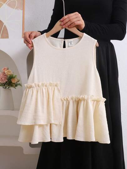 SHEIN Leap Crew Tween 女童休闲时尚编织纹理面料无袖套头衫