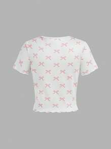 SHEIN Tween Girl Cute Butterfly Print Crew Neck Ruffle Detail Fitted Pink T-Shirt - Apricot - View 2