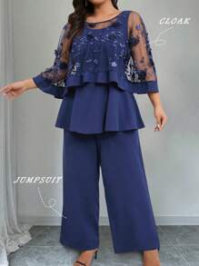 DreamSkyne Conjunto de 2 piezas de talla grande con cubierta bordada en 3D de malla + pantalones anchos de pierna ancha, elegante y casual