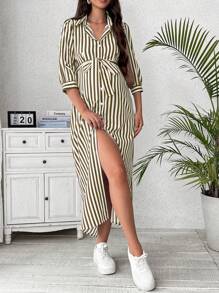 SHEIN 孕妇休闲条纹印花长袖衬衫裙孕妇装 - 棕色 - 查看 5