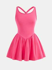 Tween Girls' Casual Sporty Solid Color Crisscross Back Tank Dress - Hot Pink - View 6