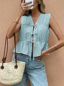 SHEIN Frenchy 女士度假休闲纯色系带无袖衬衫 - 藍色 - 查看 3