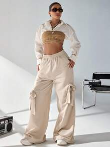 EURMUSE French Terry Pants, Ribbon Pants, Causal, Pretty Style, Pants - Beige - View 4