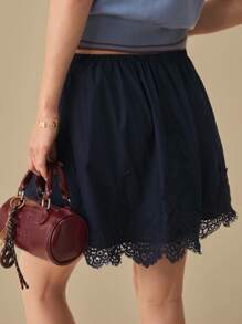 Muvela 女士纯色海军蓝下摆拼接蕾丝裙，夏季时尚 - 藏蓝色 - 查看 6