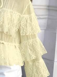 INAWLY Women Autumn Contrast Lace Ruffle Hem Elegant Blouse, Long Sleeve Women Shirt Fall Cloth For Women