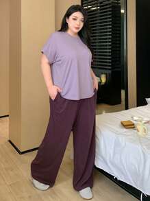 Dazy Plus Plus Size Women Solid Color Round Neck Loose Short Sleeve Top & Pants Pajama Set, Loungewear For All Seasons, Purple Pajama, Outfits - Purple - View 3