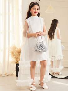SHEIN Tween Girls Elegant Regal Flare A-Line Dress With Ruched Stand Collar, Exaggerated Floral Ruffled Large Capelet Hem - White - View 4