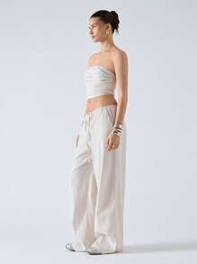 LYSMO 2pcs Women Summer Casual Solid Color Ruched Bustier Top And Wide Leg Pants Set - Beige - View 3