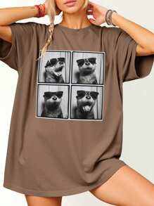 Plus Size Women Casual Plus Size Crew Neck Drop Shoulder Seal Print T-Shirt - Mocha Brown - View 1