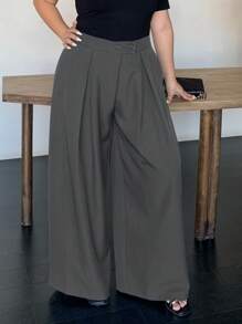 Dazy Plus 加大码宽松纯色阔腿双扣褶皱长款休闲裤，四季皆宜，女士正装裤，教师裤秋季