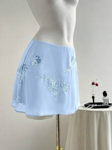 Flirla Neo-Traditional Sexy Sheer Embroidered Green Mini Umbrella Skirt For Women - Blue - View 3