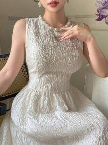 DAZY Summer Casual Elegant Faux Pearl 3D Decor Lace Jacquard Midi Slip Dress With High-End Feminine Vibe For Women,Dress For Wedding