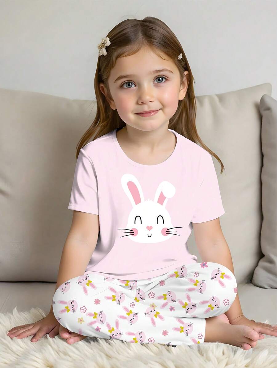 2pcs/Set Young Girl Cute Rabbit Design With White Rabbit Print White Round Neck Short Sleeve Knit Loose Casual Comfortable Homewear Set - Multicolor - View 1