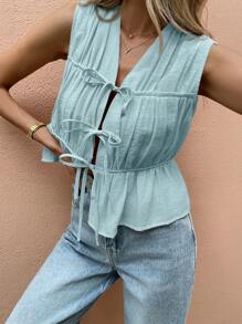 SHEIN Frenchy 女士度假休闲纯色系带无袖衬衫 - 藍色 - 查看 7