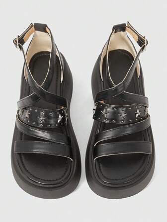 Grunge Punk Sandalias negras de estilo punk con suela gruesa y punta redonda para mujer, de piel de PU, con diseño de múltiples correas y decoración de estrella de cinco puntas, plataforma de 6cm, adecuadas para fiestas y reuniones.