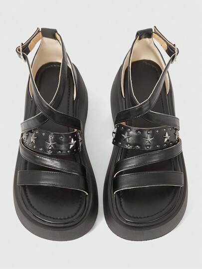 Grunge Punk Damen Schwarze Punk-Style Sandalen mit dicker Sohle und rundem Zehenbereich, aus PU-Leder, mit Mehrfachriemen-Design, Fünfzackiger Stern Verzierung, 6cm Plateau, geeignet für Partys & Veranstaltungen