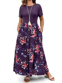 SHEIN Clasi Vestido casual de punto con flores y bolsillos laterales para mujer de talla grande, con cintura favorecedora, apropiado para el día a día y vacaciones en la playa