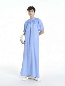 SHEIN Clasi Women's Elegant Casual Commuting Vacation Solid Color Mid-High Collar Raglan Sleeve Loose Side Slit Long Dress, Spring/Summer - Baby Blue - View 5