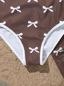 SHEIN Girls' One-Piece Swimsuit With Bowknot Pattern And Black Trim Triangle Chiffon - Multicolor - View 3