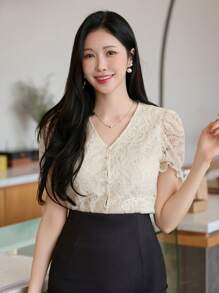 DAZY 纹理面料 V 领优雅泡泡袖女式夏季上衣 - 米色 - 查看 5