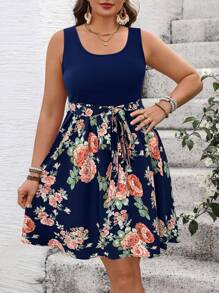 SHEIN VCAY 大码女式花卉印花休闲无袖连衣裙，适合假期穿着 - 藏蓝色 - 查看 3