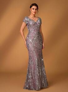 Serin Elegante vestido mini ajustado con cola de pez, manga abullonada, cuello en V, contraste gris y rosa, bordado de malla con cuentas, perfecto para cena formal, fiesta, cita, vacaciones, boda, vestido de madre de la novia