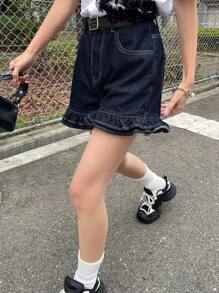 FRIFUL Women's Casual Blue Denim Ruffle Hem Shorts: Zipper Detail Short Jeans For A Stylish Summer Look Denim Shorts