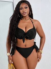 Slaydiva 加大码可调节钢圈金属拼接比基尼套装 - 黑色 - 查看 4