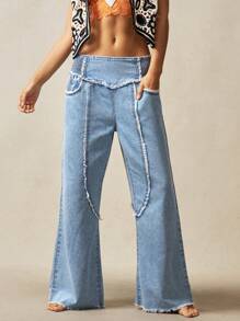 Bohemela 女式低腰休闲牛仔裤，带口袋和磨边下摆，度假风格 - 淺藍色 - 查看 3