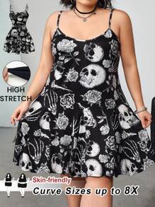 SHEIN CURVE+ Casual Minimalist Skeleton Print Sleeveless A-Line Hem Summer Mini Dress, Black & White Skeleton Graphic Music Festival Dress - Black and White - View 1
